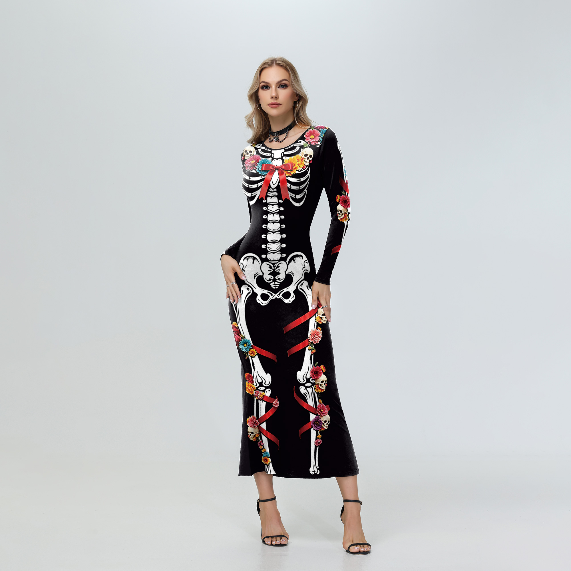 Women'S Red Formal Wear - Halloween Women Floral Skeleton Red Ribbon