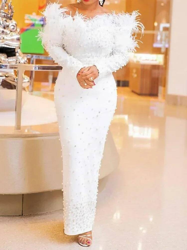 Formal Wear Gowns For Women - Feather White Dress Party Women Pearls